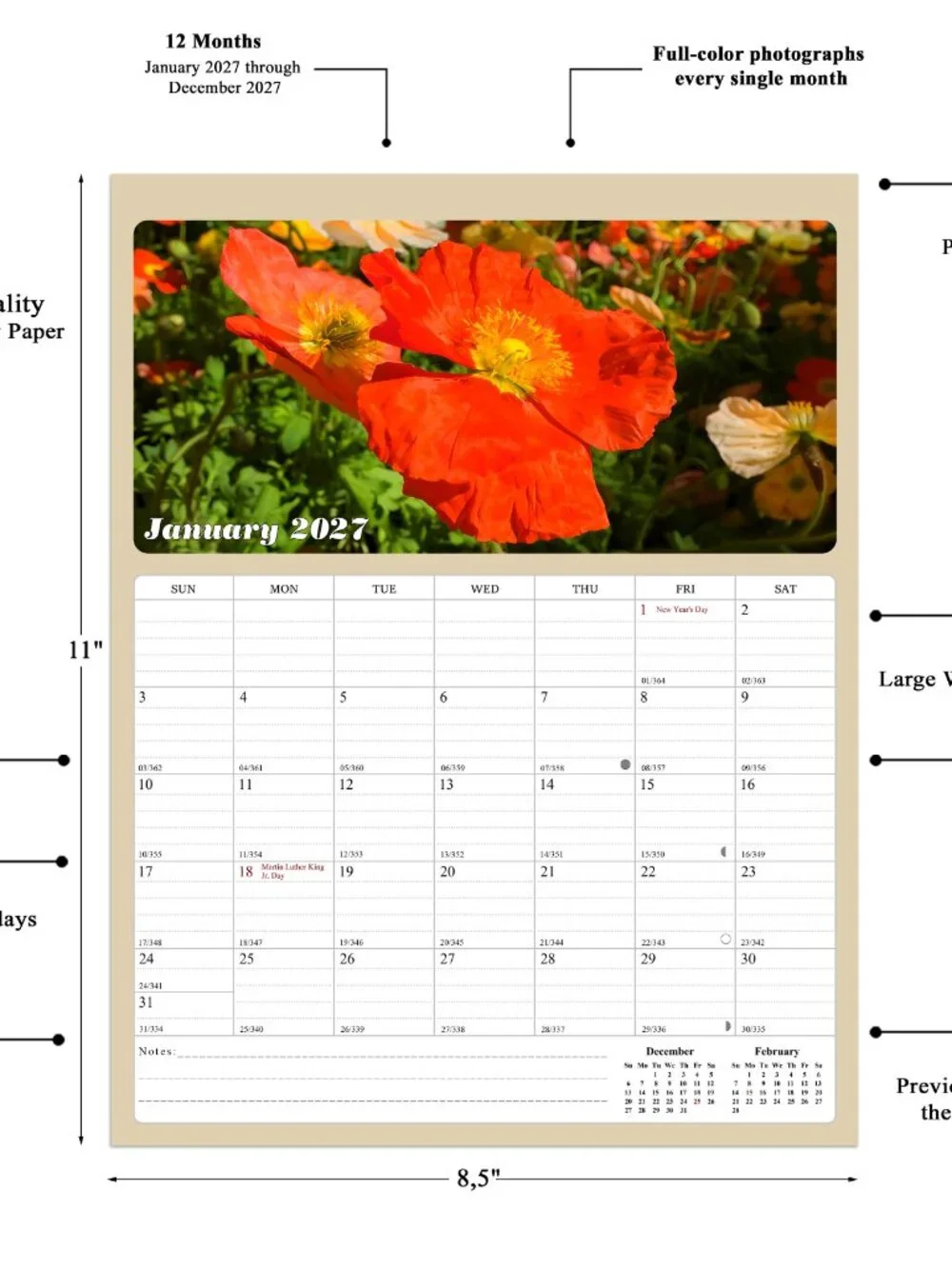 2027 Calendar Magnetic Peel & Stick 12 Months 8.5